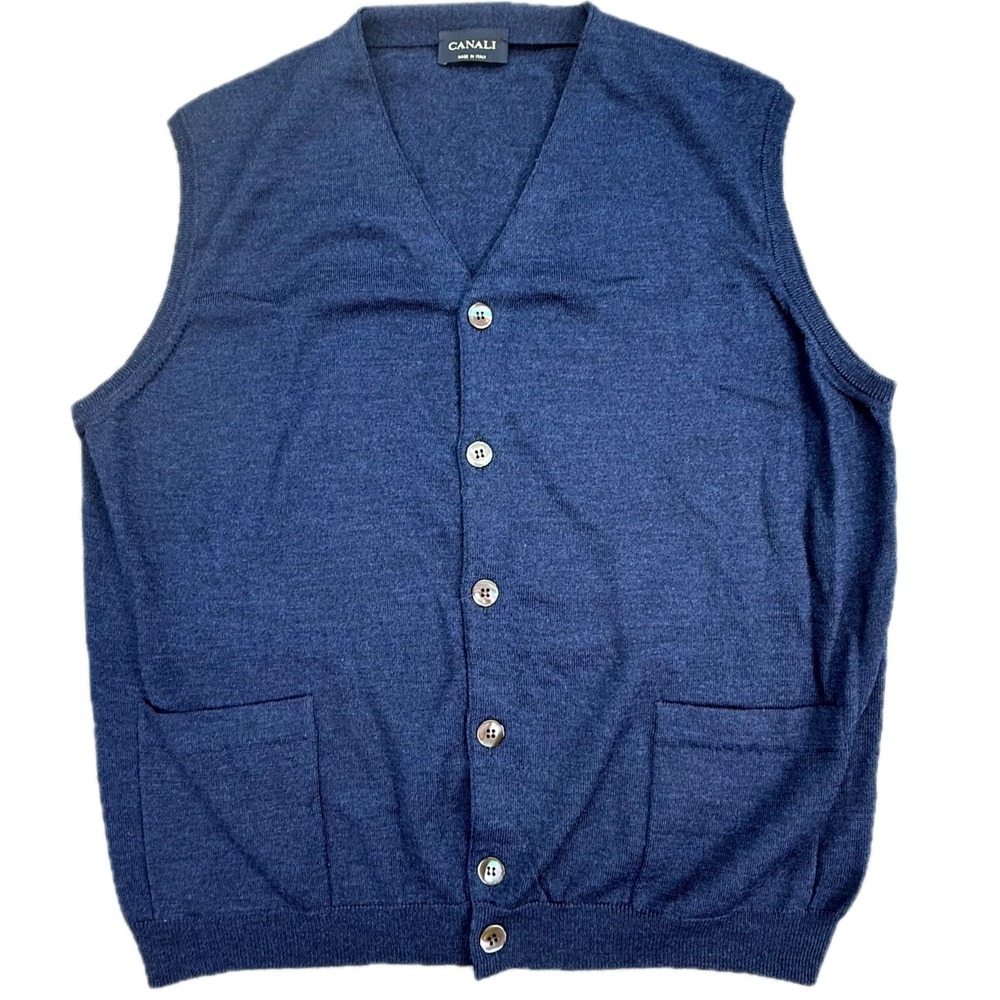 Canali Sweater‎ Vest Mens 50 Blue Extra Fine Merino Wool Button Front Italy
